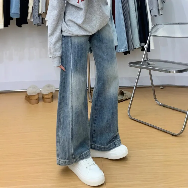 复古蓝弯刀牛仔裤女2025秋季新款大码高腰梨形身材宽松显瘦阔腿裤