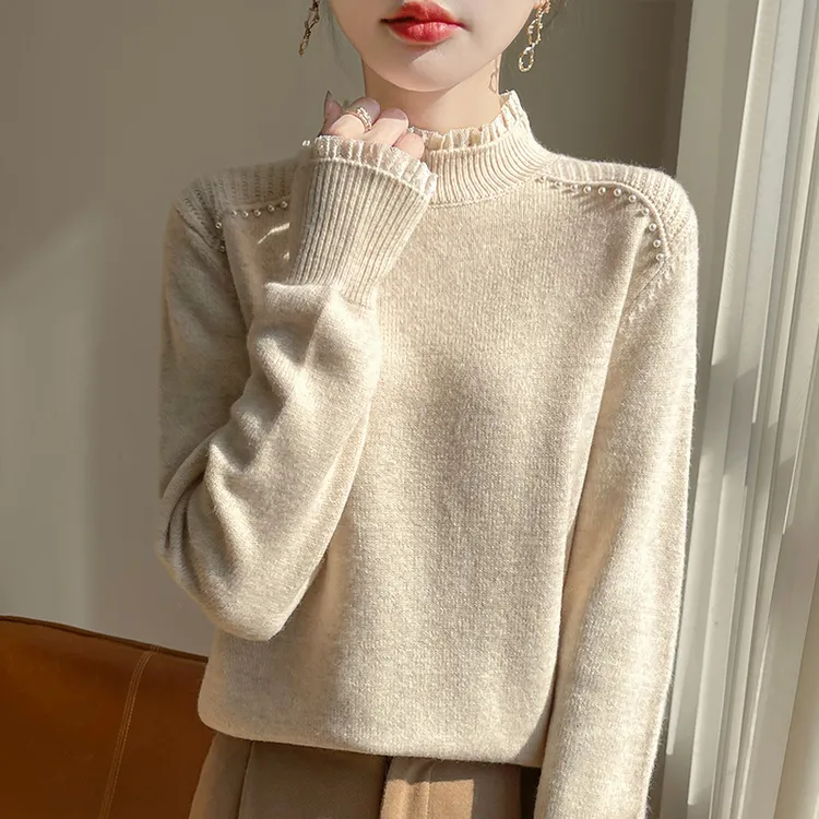 秋冬半高领100%纯羊毛衫女木耳边设计针织打底衫加厚宽松洋气毛衣