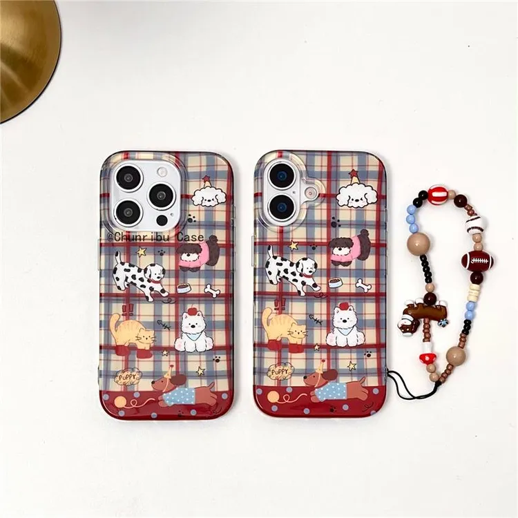 复古红蓝格斑点狗腊肠狗橘猫适用苹果17/16promax手机壳15/14/13