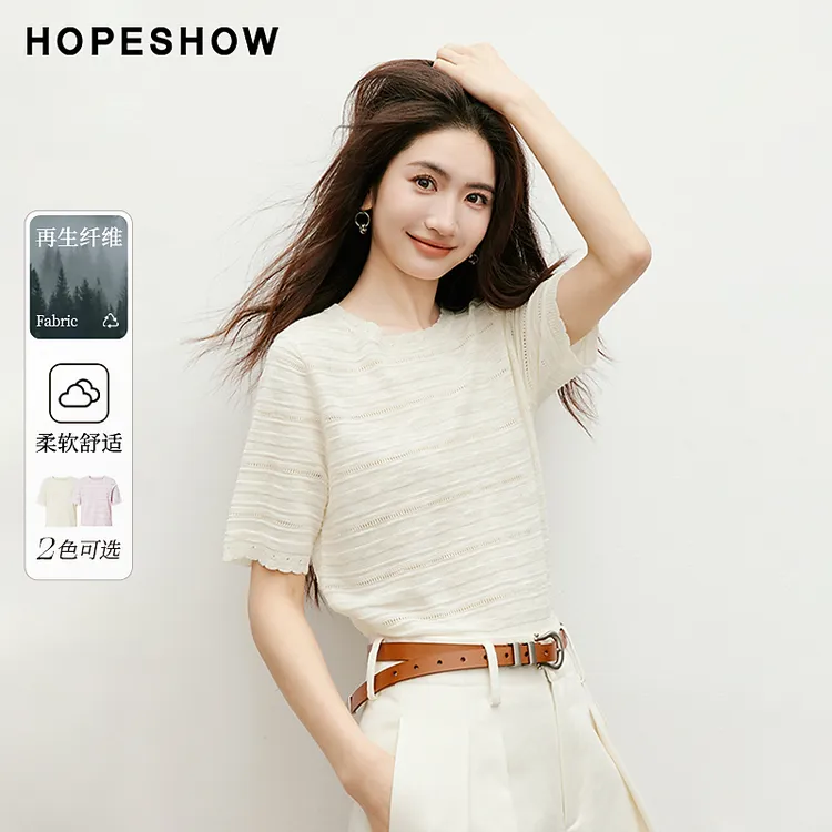 2025春季女装 镂空网眼花瓣式圆领套头短袖针织衫90225110105