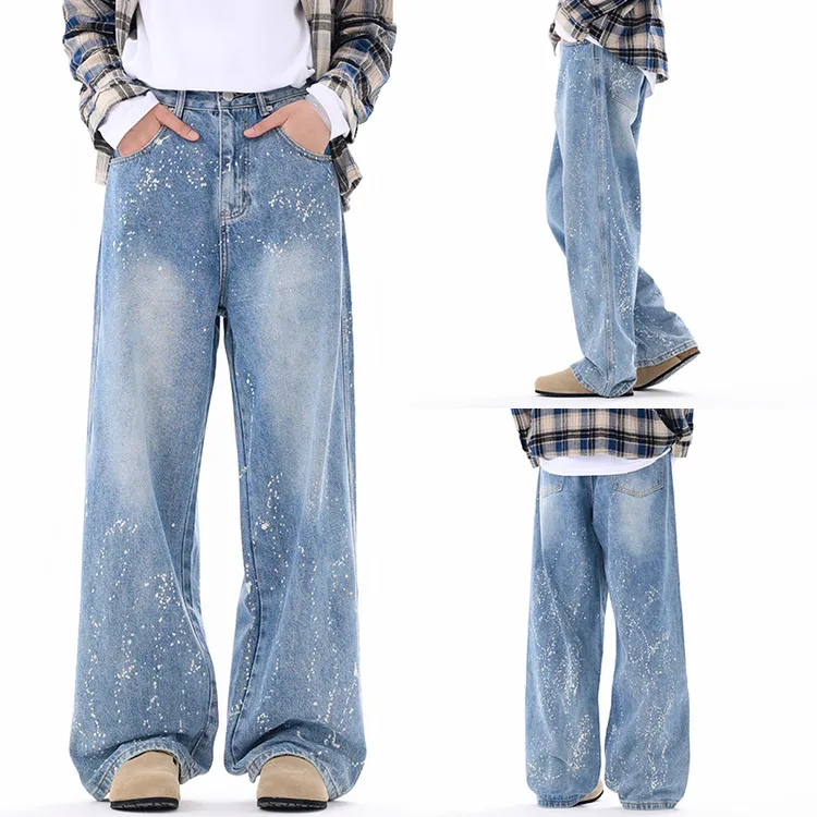 美式休闲冬季牛仔裤男青年拖地裤秋季宽松印花阔腿裤弯刀裤马溜点