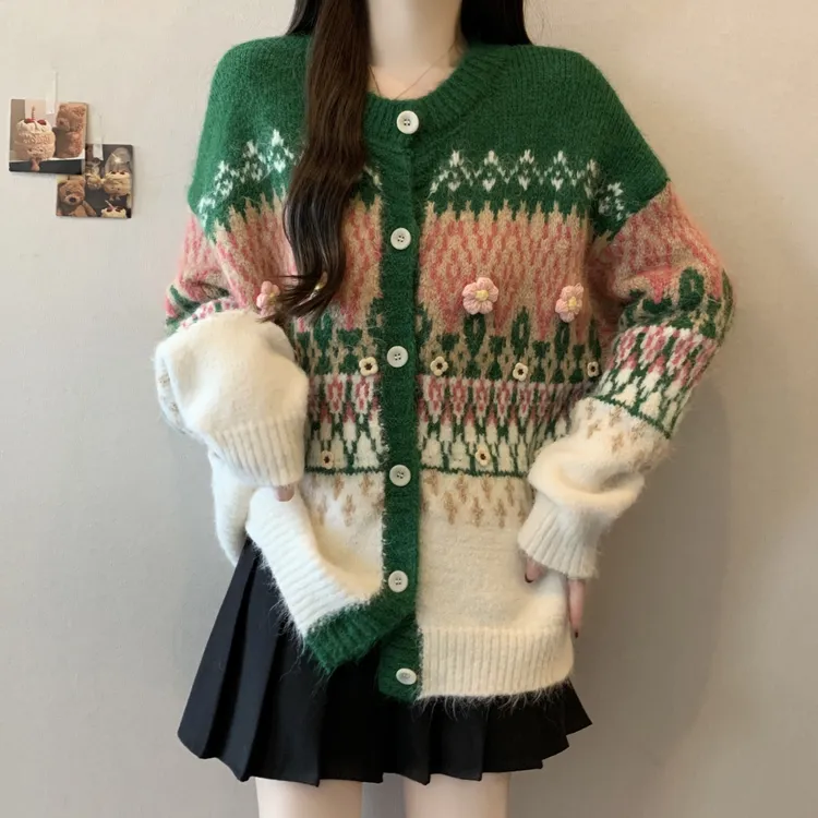 新品大码费尔岛提花新年绿色针织开衫毛衣女冬季新款复古外套