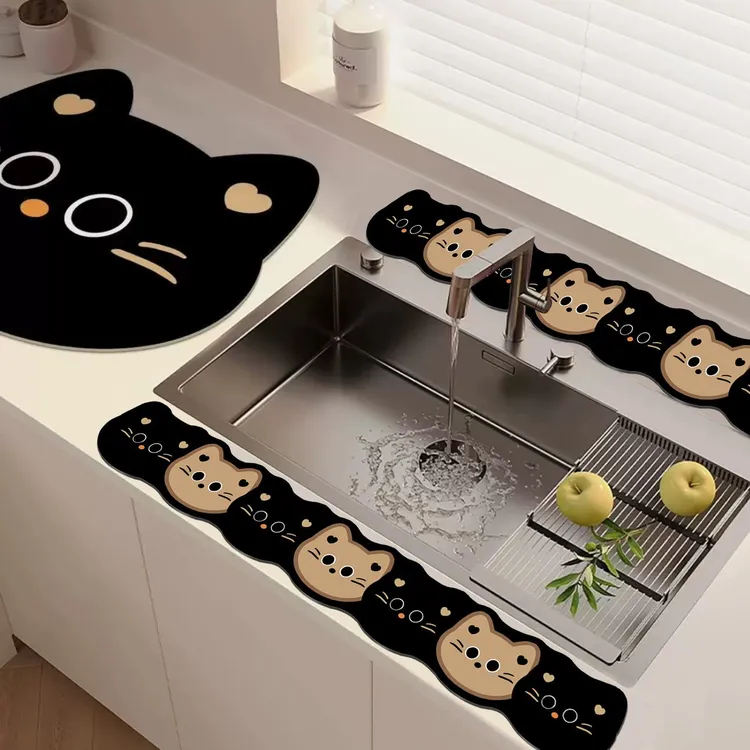 可爱卡通挡水垫厨房台面吸水硅藻泥水龙头沥水架长条洗手台置物架