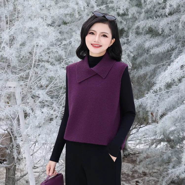 枫竺阿楠anan不规则翻领全羊毛针织马甲背心女秋冬叠穿毛衣坎肩