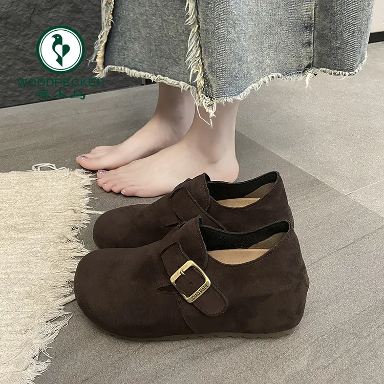 啄木鸟内增高勃肯鞋女2025新款秋季复古厚底单鞋丑萌豆豆鞋奶奶鞋