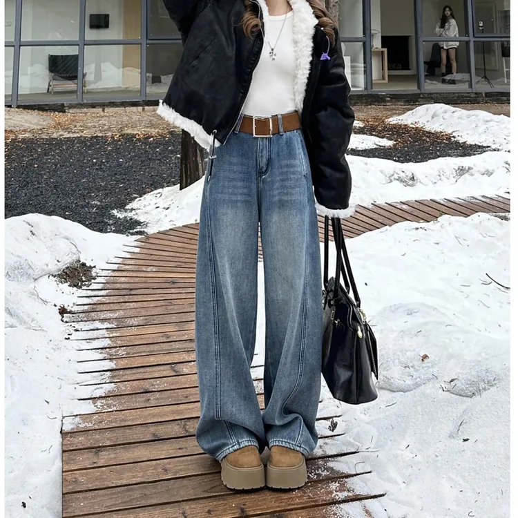 秋冬季加厚加绒牛仔裤女士2025爆款显瘦高腰百搭宽松拖地阔腿裤子