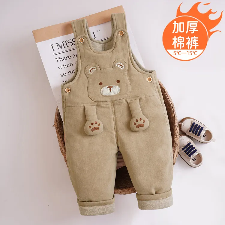 宝宝背带裤秋冬季新款小熊儿童夹棉裤子卡通超萌小童婴儿休闲裤