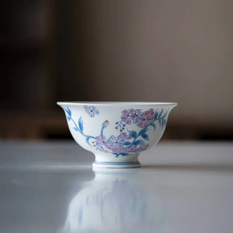 釉下彩纯手工手绘斗彩桃花压手杯葫芦杯鸡心杯陶瓷茶杯手绘主人杯