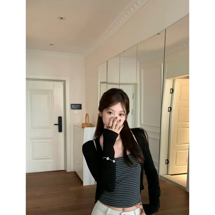 S-4XL好品质长袖开衫条纹背心吊带女秋季小众撞色辣妹时尚两件套