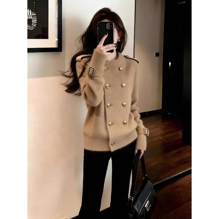 美式复古风时尚百搭休闲随性松弛驼色毛衣外套女2025冬双排扣开衫
