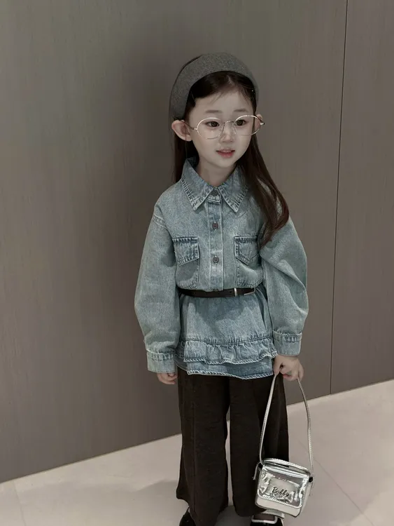 女童牛仔衬衫外套秋装2025女宝花边牛仔衬衣中长款牛仔衣韩版套装