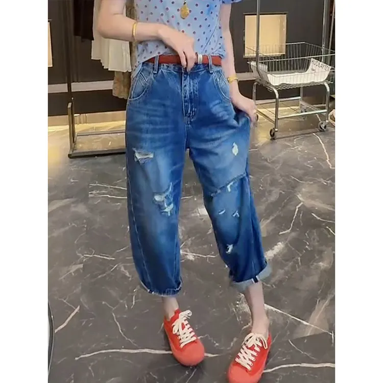 大码女装夏季新款高腰宽松直筒阔腿裤舒适百搭薄款显瘦破洞牛仔裤