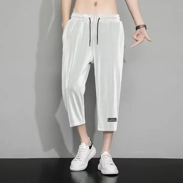 男士锦氨休闲裤秋季款高端力长裤年宽松直筒竖条纹裤潮