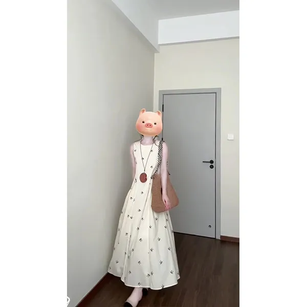 韩系新款夏季中长款宽松蝴蝶结刺绣背心连衣裙女海边度假长裙