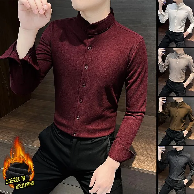 安哥拉红毛呢衬衫男秋冬2024新款加绒加厚立领新中式保暖衬衣男款