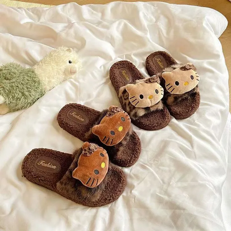 新秋冬季豹纹KT毛毛拖鞋女家居保暖可爱猫棉拖鞋女室内外穿居家
