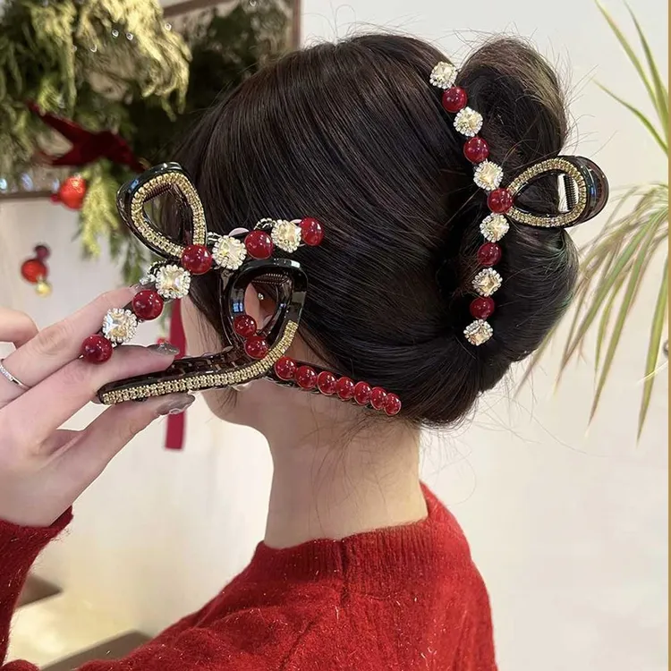 新年红色石榴珠珠方糖抓夹女新年大号发量多鲨鱼夹气质鲨鱼夹