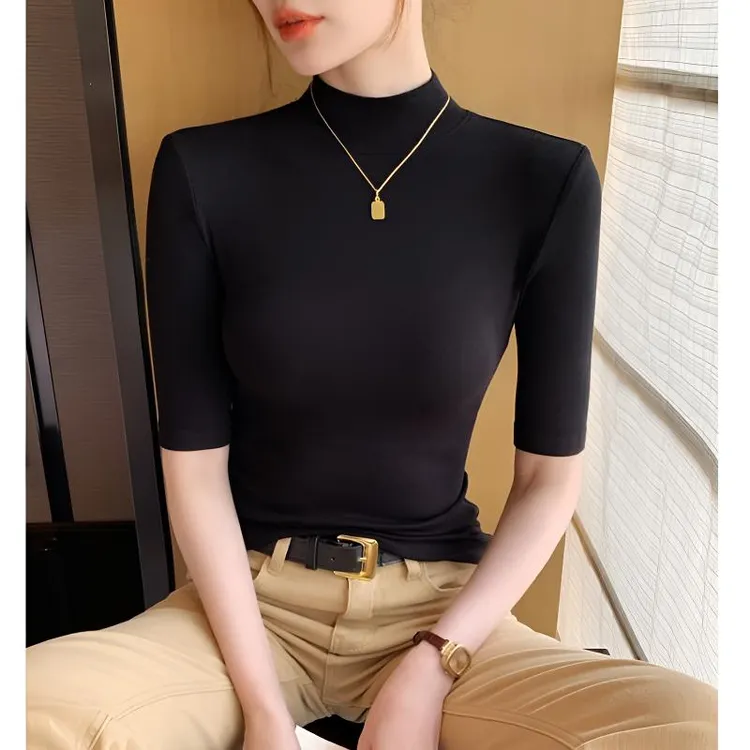 2025新款半高领中袖显瘦内搭打底衫女显身材洋气修身内搭短袖T恤