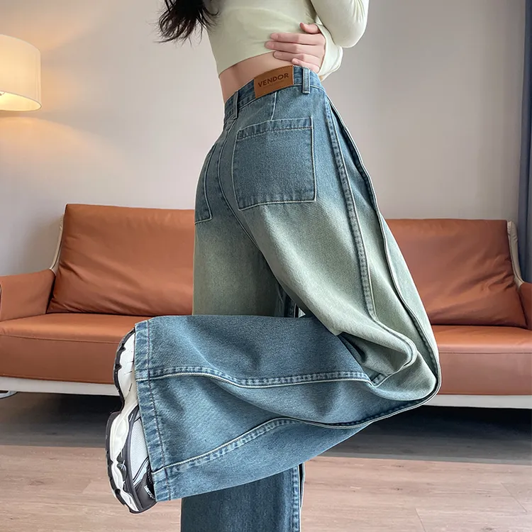 美式复古渐变色阔腿牛仔裤女2025秋季超火梨型身材松弛风大脚裤子