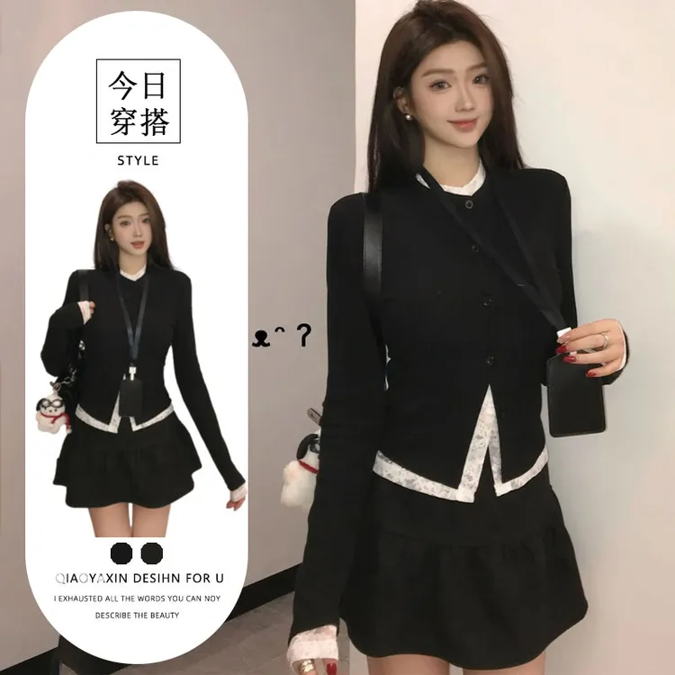 女生韩系ins衣服三件套蕾丝内搭长袖开衫短上衣高腰显瘦半身裙子