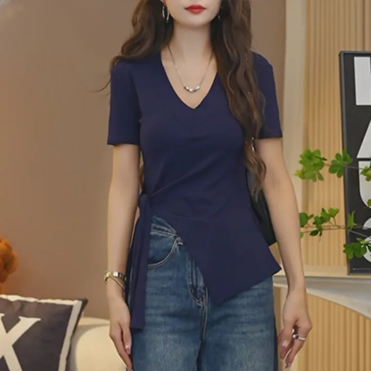 经典纯色v领正肩t恤女2025夏季新款设计感不规则收腰绑带开叉上衣