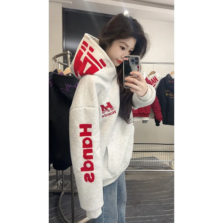HandSeven美式毛绒字母刺绣重磅连帽卫衣秋冬新款设计感情侣帽衫