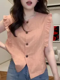 法式荷叶边设计无袖衬衫女夏季新款圆领爆款小衫时尚气质百搭上衣