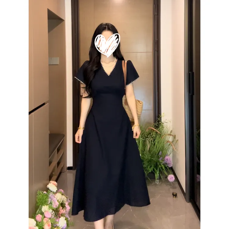 气质绣花边收腰绑带显瘦V领短袖连衣裙轻奢长裙子1012#A