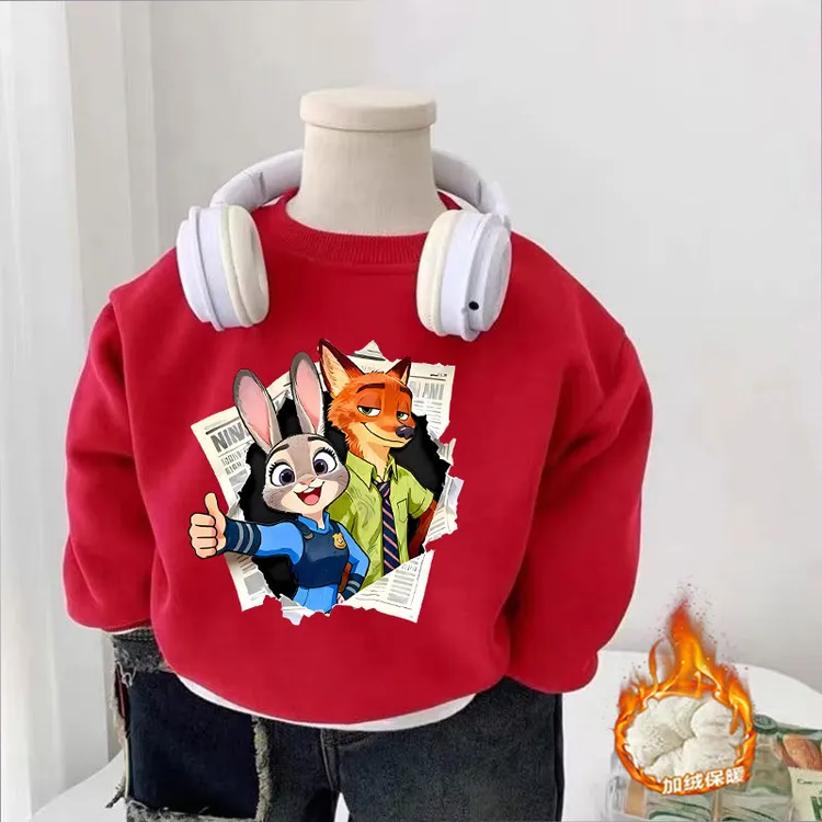 儿童疯狂动物城秋冬季新款红色圆领加绒卫衣男女童宝宝洋气上衣潮