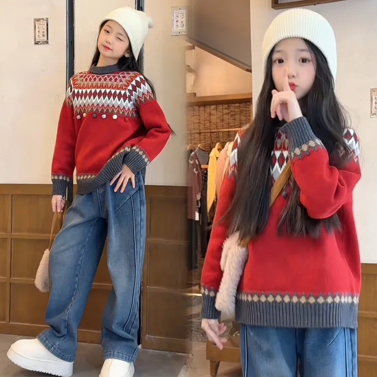高品质童装女童红色费尔岛毛衣圣诞新年上衣中大童加绒加厚牛仔裤