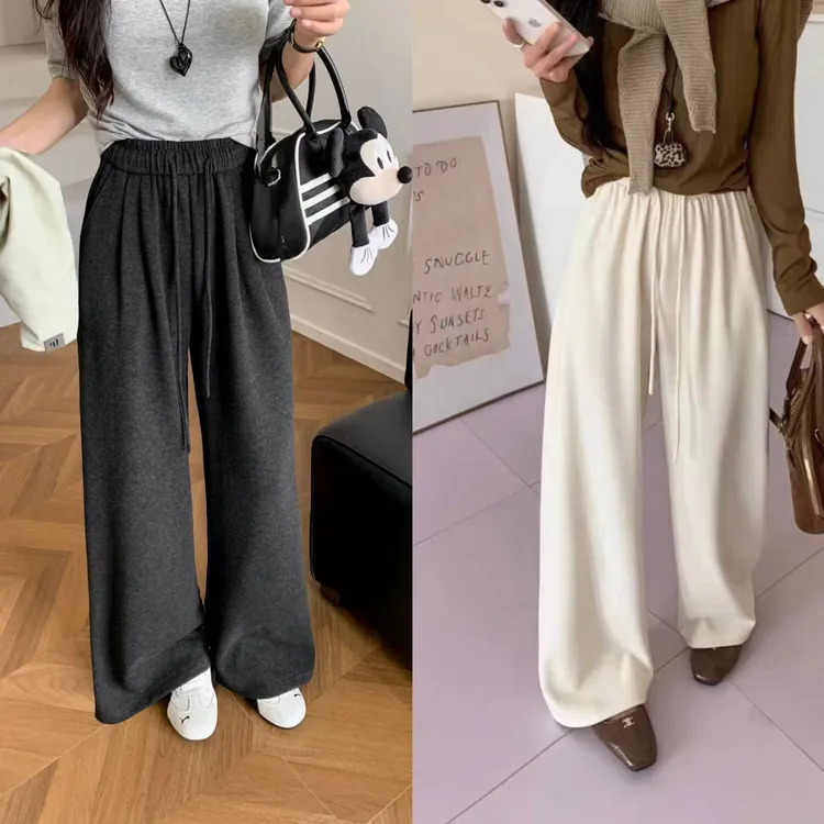 厚实糯米磨毛羊绒松弛感口袋阔腿裤女秋慵懒垂感显瘦直筒休闲长裤