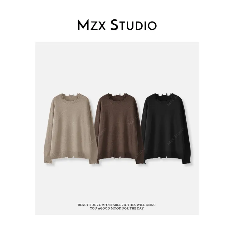 MZX 秋季含羊毛定制定染纱线 圆领织破毛边毛织上衣 SY10028-C