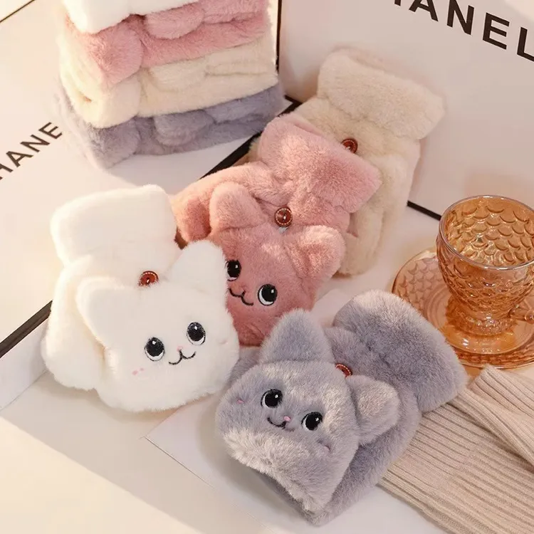 手套女士秋冬季天韩版可爱学生写字半指翻盖毛茸茸加绒厚保暖防寒