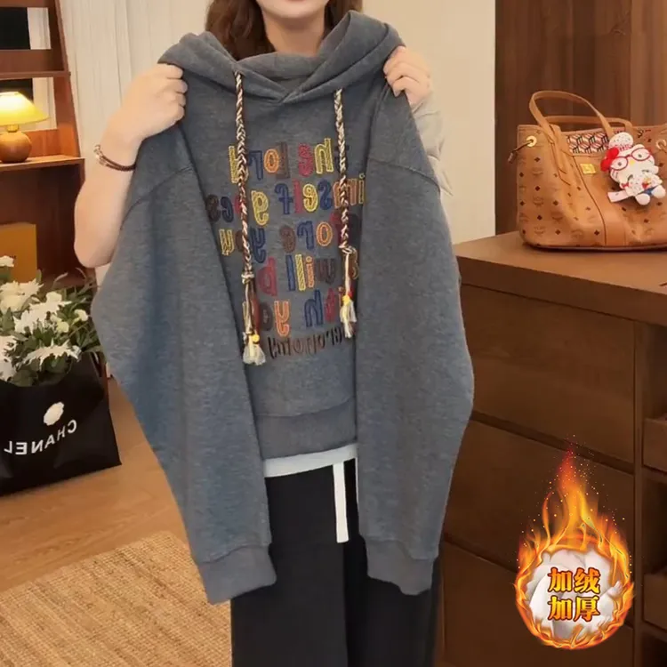 秋冬复古加绒字母卫衣女2025新款今年流行ins风长袖外套帽衫上衣