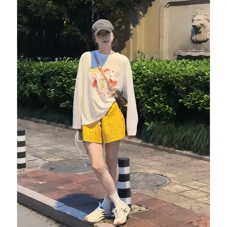 2025早秋新款韩系穿搭圆领宽松长袖印花上衣高腰显瘦系带阔腿短裤