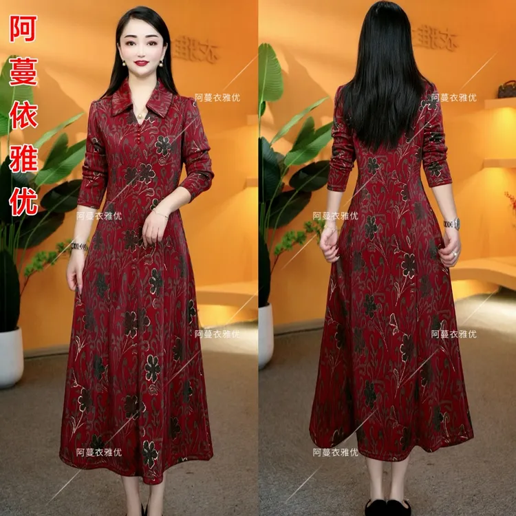 【衣雅严选】8121-1302#新款翻领珠光幻彩百搭气质显瘦款连衣裙