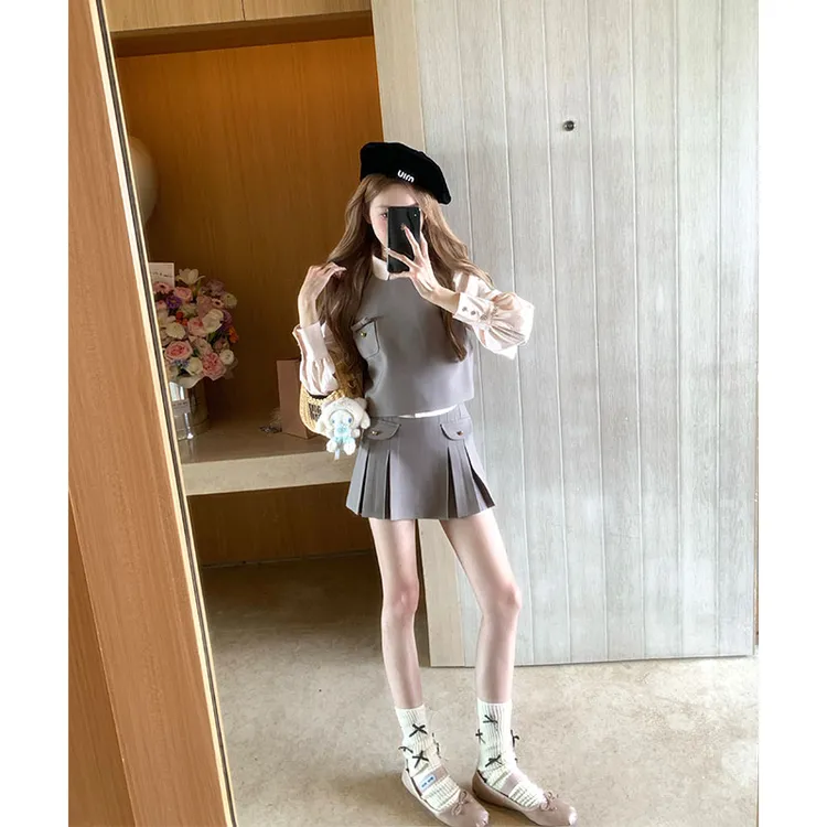 2025春季新款春夏背心马甲俏皮减龄小香衬衫女配高腰百褶半身裙