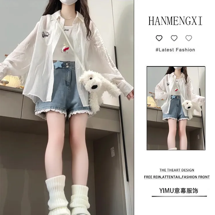 春季一整套女装2025年新款韩版慵懒风衬衫外套吊带牛仔短裤三件套