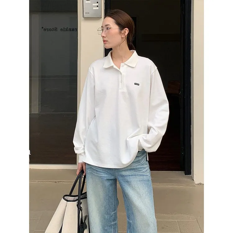 百搭翻领POLO衫女2025十三行春韩版简约休闲长袖T恤