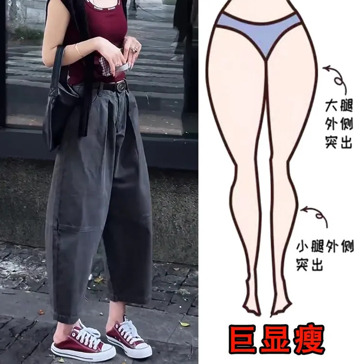 2025早秋新款大码女装高腰工装八分牛仔裤梨形身材显瘦复古哈伦裤