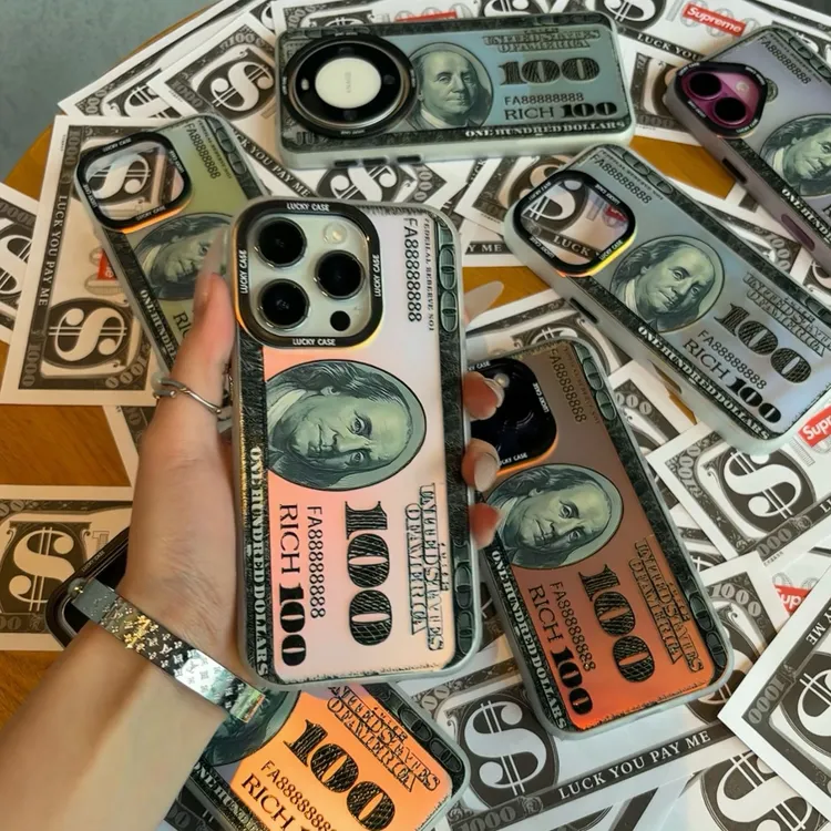 搞钱!美金钞票!镭射渐变壳适用苹果16手机壳华为P70vivo小米oppo