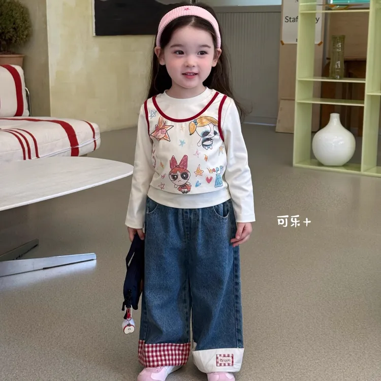 女童秋季长袖T恤2025春秋新款卡通涂鸦假两件背心上衣直筒牛仔裤