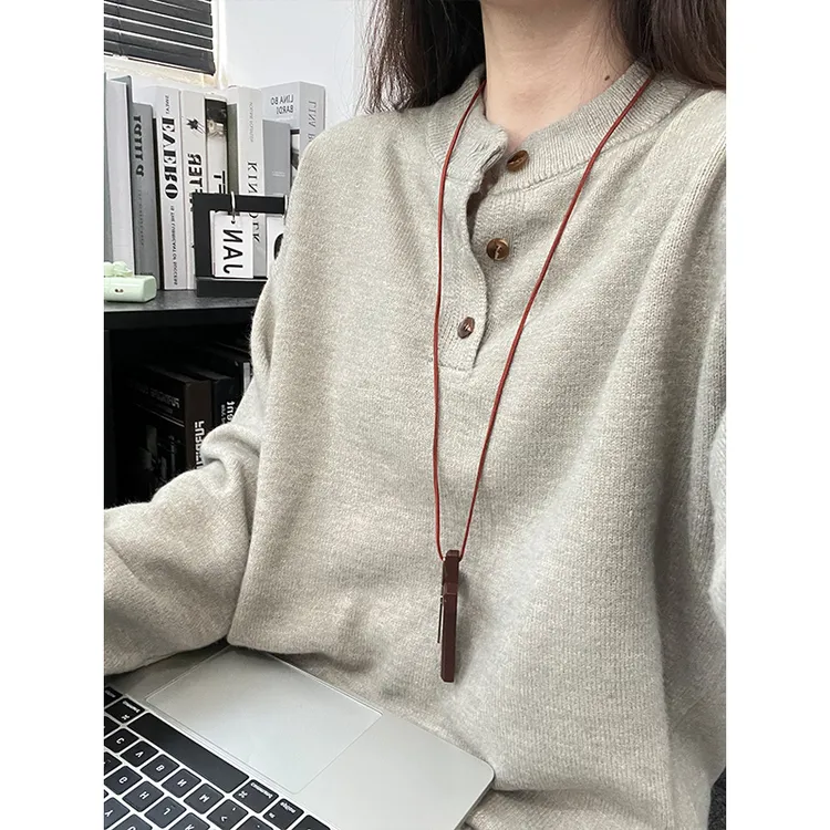 日系复古针织毛衣男春秋美式休闲慵懒亨利领卫衣情侣开衫上衣外套