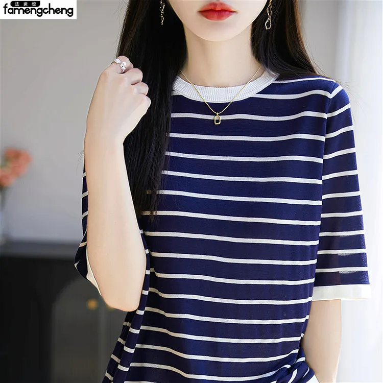 潮流女装拼接薄款宽松型民族风短袖毛针织衫流行四季不褪色