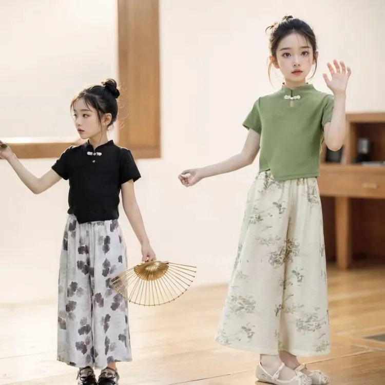 夏季2025儿童新中式国风套装复古洋气新款盘扣短袖阔腿长裤两件套