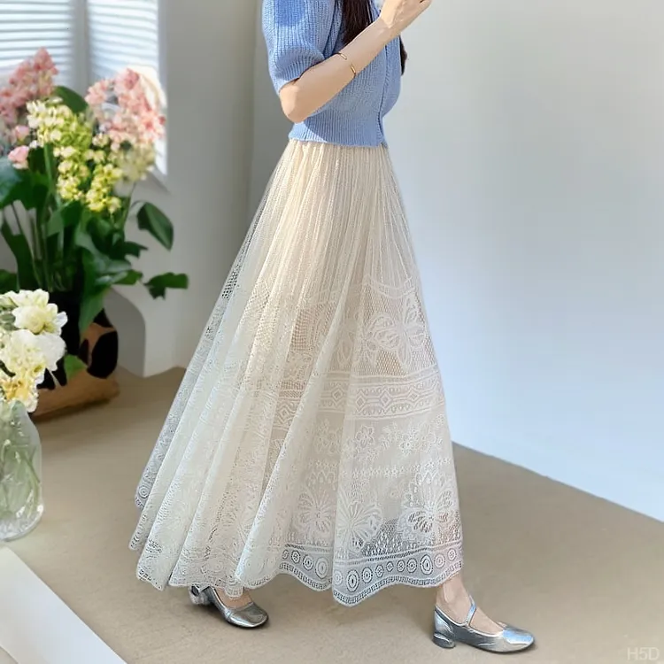 蕾丝半身裙女2025春夏新款气质长款显瘦伞裙半裙网纱裙A字长裙子