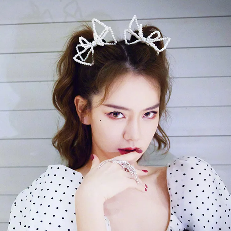 头饰网红大珍珠韩国蝴蝶结森女弹簧夹珍珠同款顶夹发夹发圈戚薇女