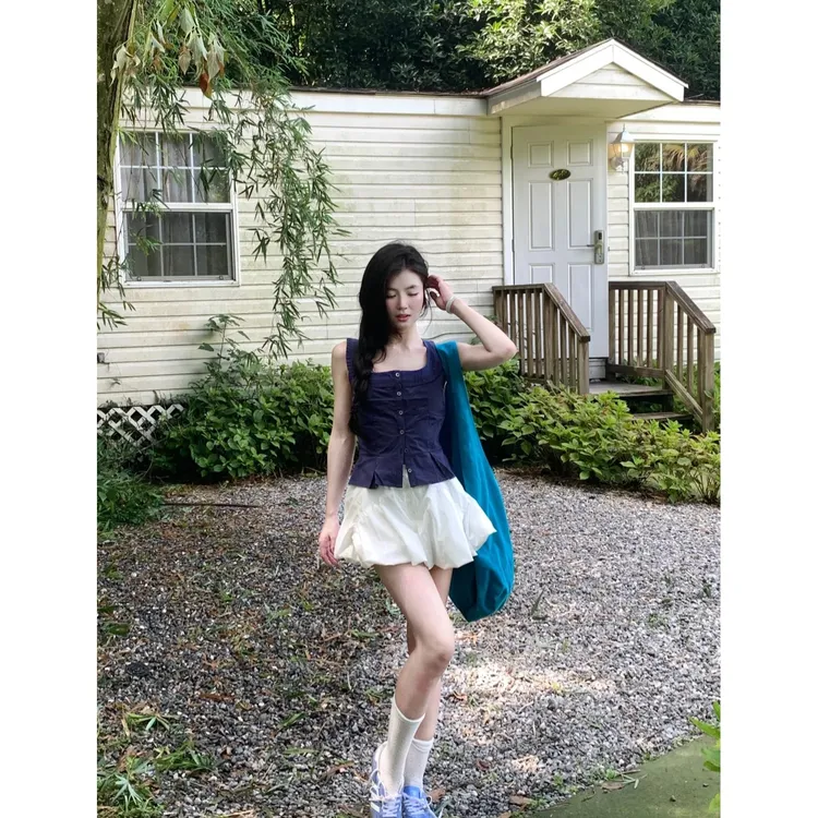 韩系绝美小套装女夏季2025设计感小众藏青色吊带背心半身裙两件套