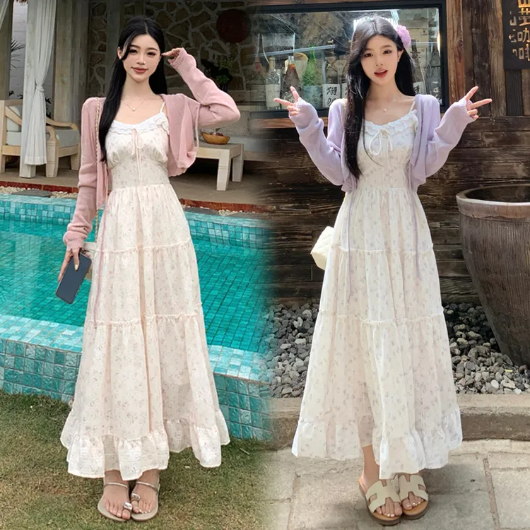 法式复古碎花吊带连衣裙女2025夏季新款防晒针织开衫两件套装