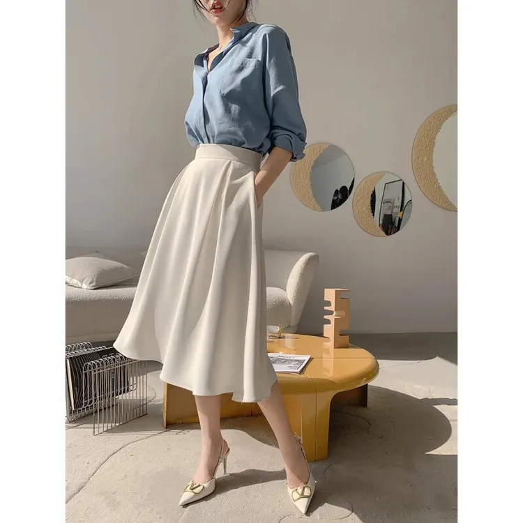 高级感高腰显瘦自色半身裙女裙子新款长裙伞裙赫本风春夏